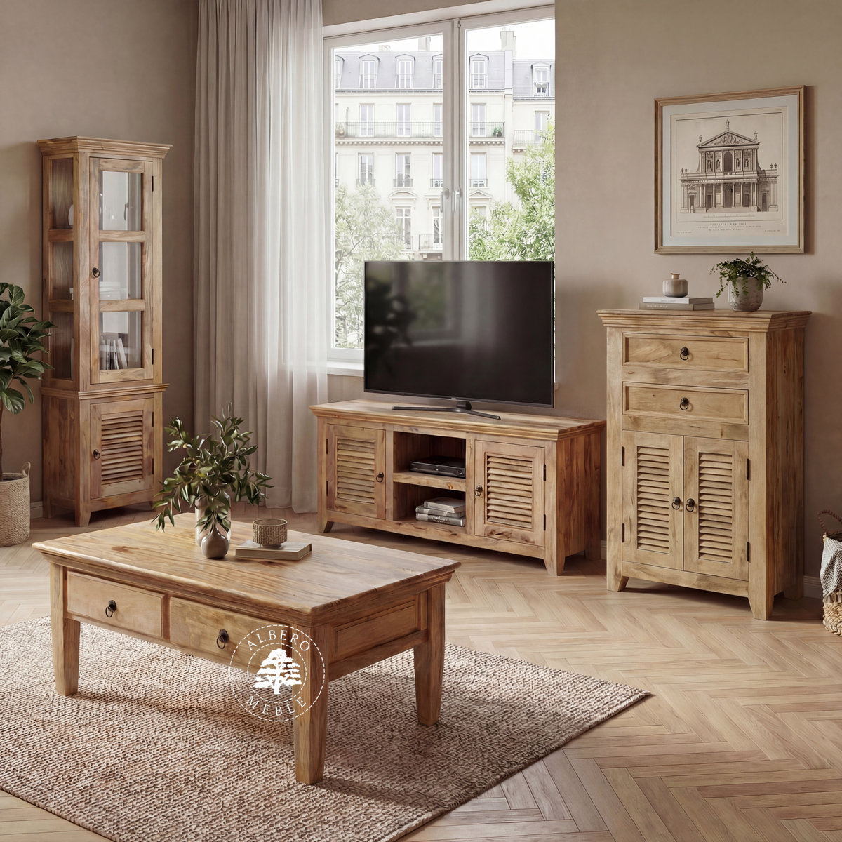 meble z jasnego drewna mango