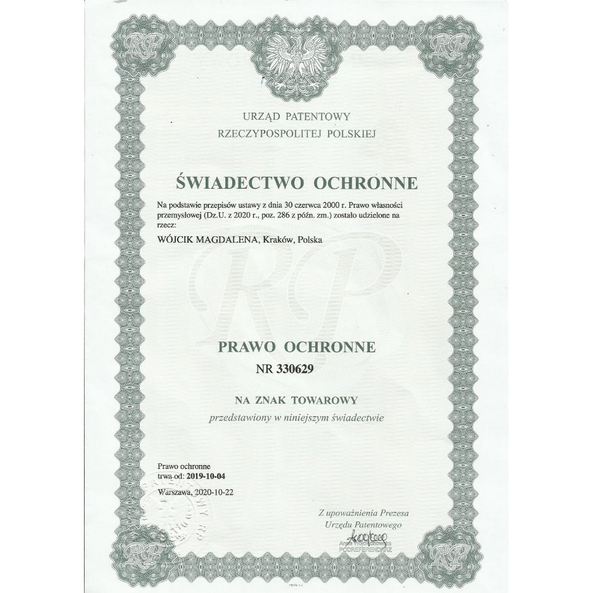 świadectwo ochronne marki Albero Meble znak towarowy pismo