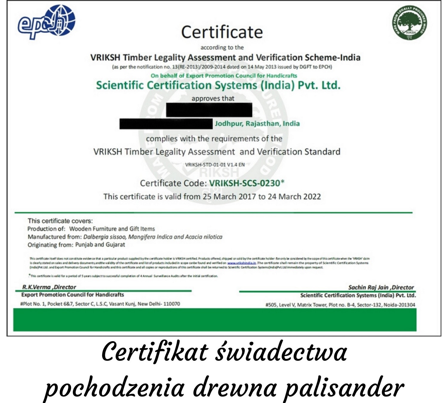 certifikat świadectwa pochodzenia drewna palisander