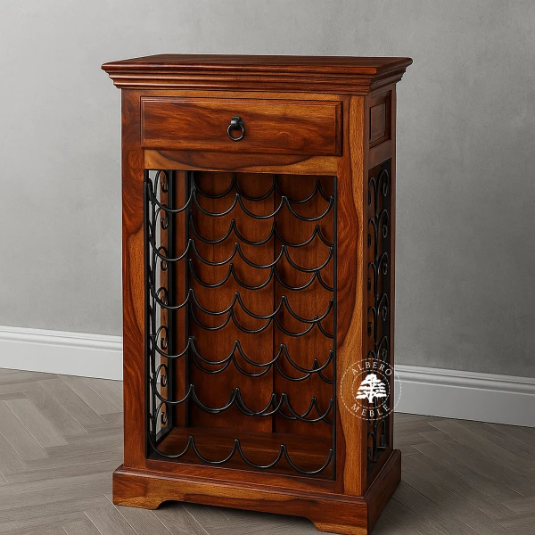 Kolonialny barek z drewna z metalowym stojakiem