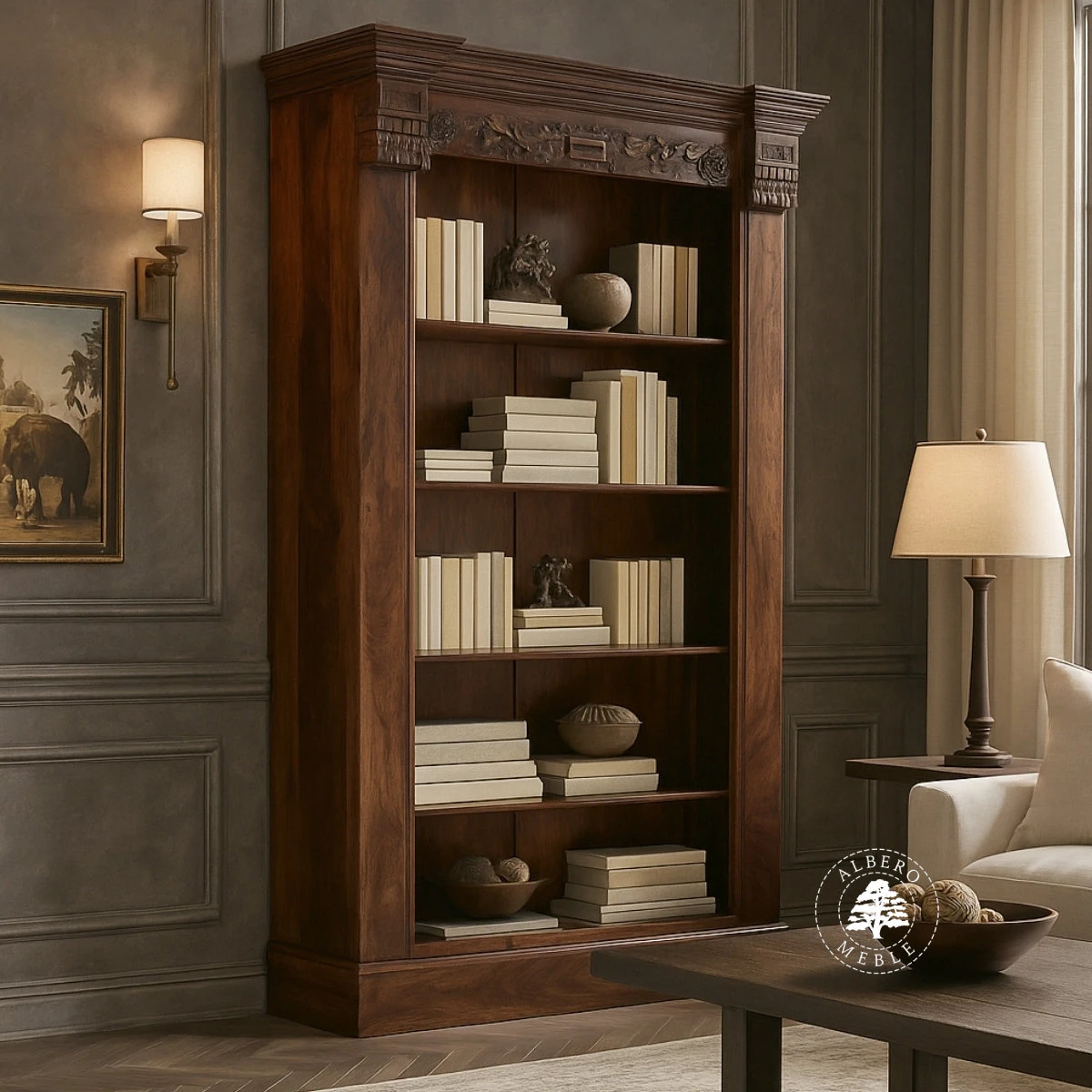 Indyjska Biblioteka drewniana ręcznie robiona i rzeźbiona