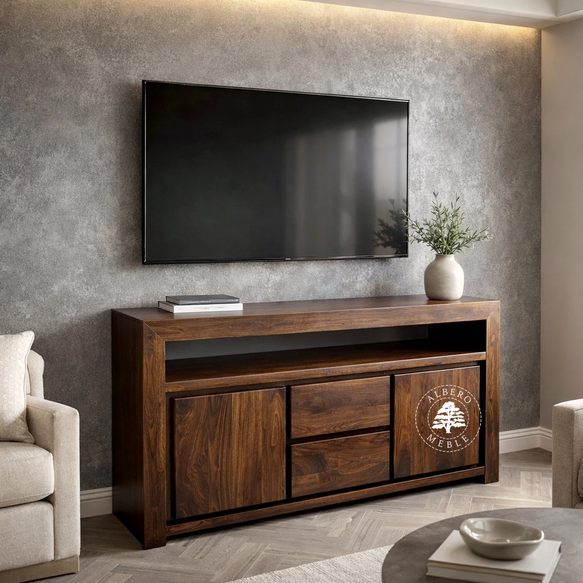 Wysoka komoda drewniana pod TV