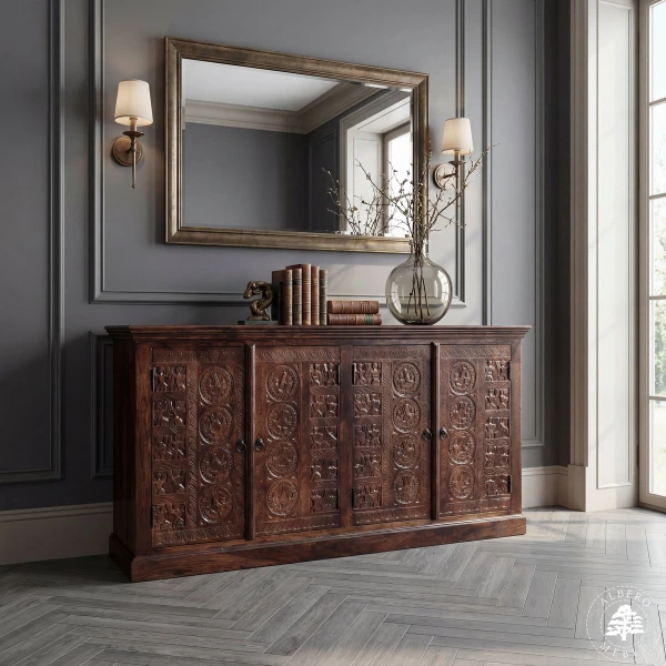 Komoda drewniana z ręcznymi rzeźbieniami na drzwiach