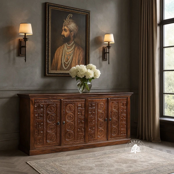 Komoda drewniana z ręcznymi rzeźbieniami na drzwiach