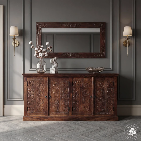 Komoda drewniana z ręcznymi rzeźbieniami na drzwiach