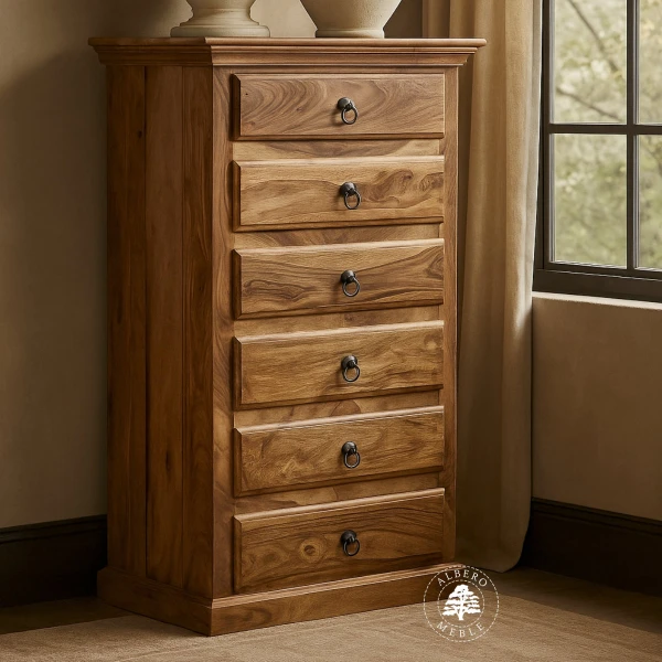 Klasyczna wysoka komoda drewniana z szufladami