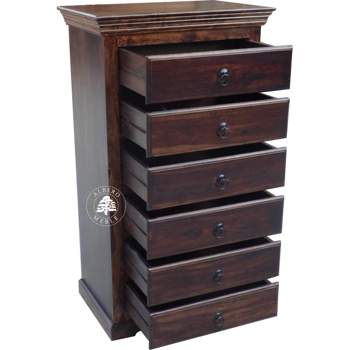 Klasyczna wysoka komoda drewniana z szufladami