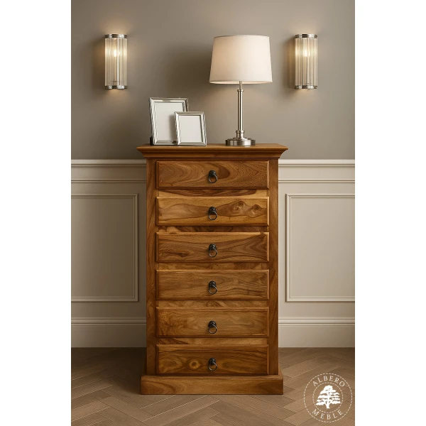 Klasyczna wysoka komoda drewniana z szufladami