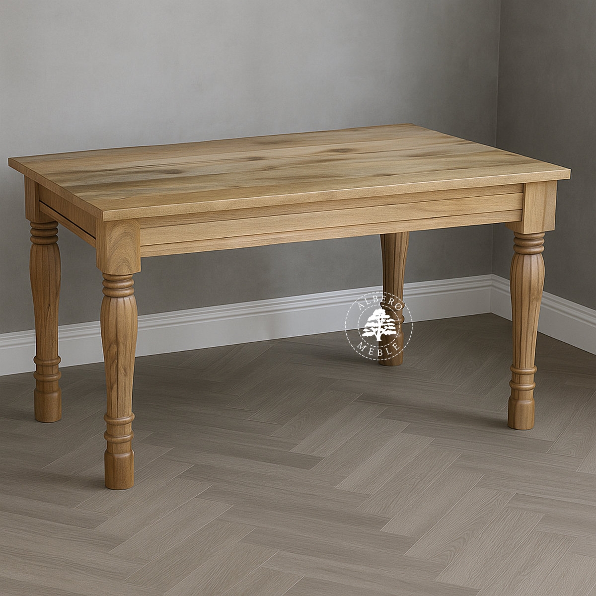 Stół z jasnego drewna w klasycznym stylu