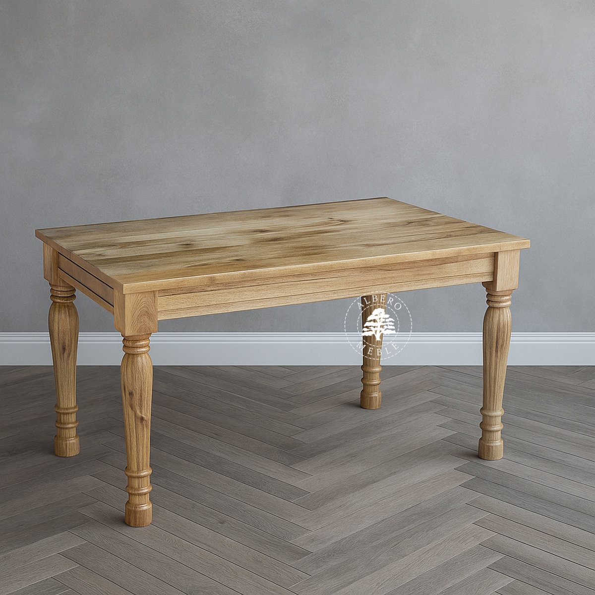 Stół z jasnego drewna w klasycznym stylu