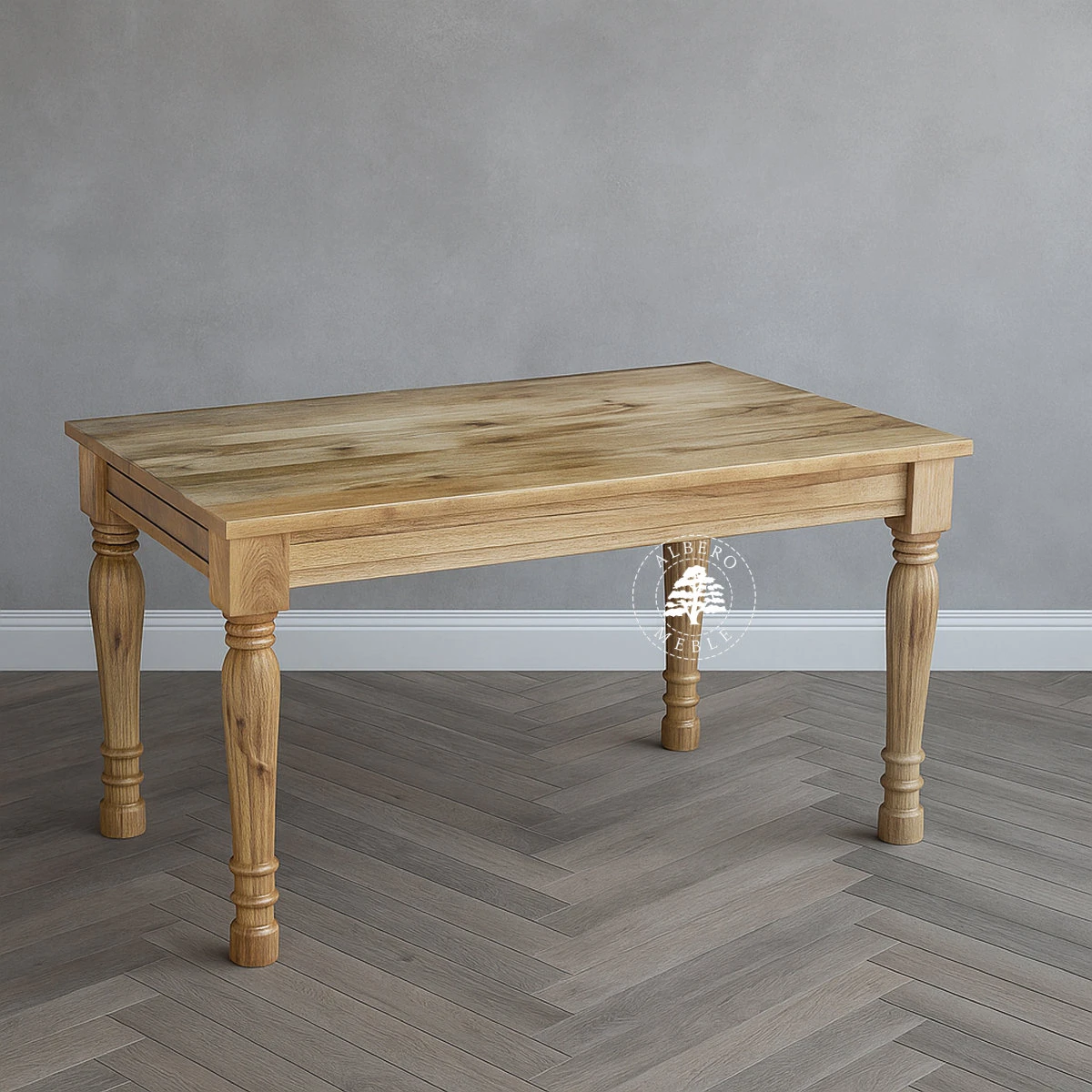 Stół z jasnego drewna w klasycznym stylu