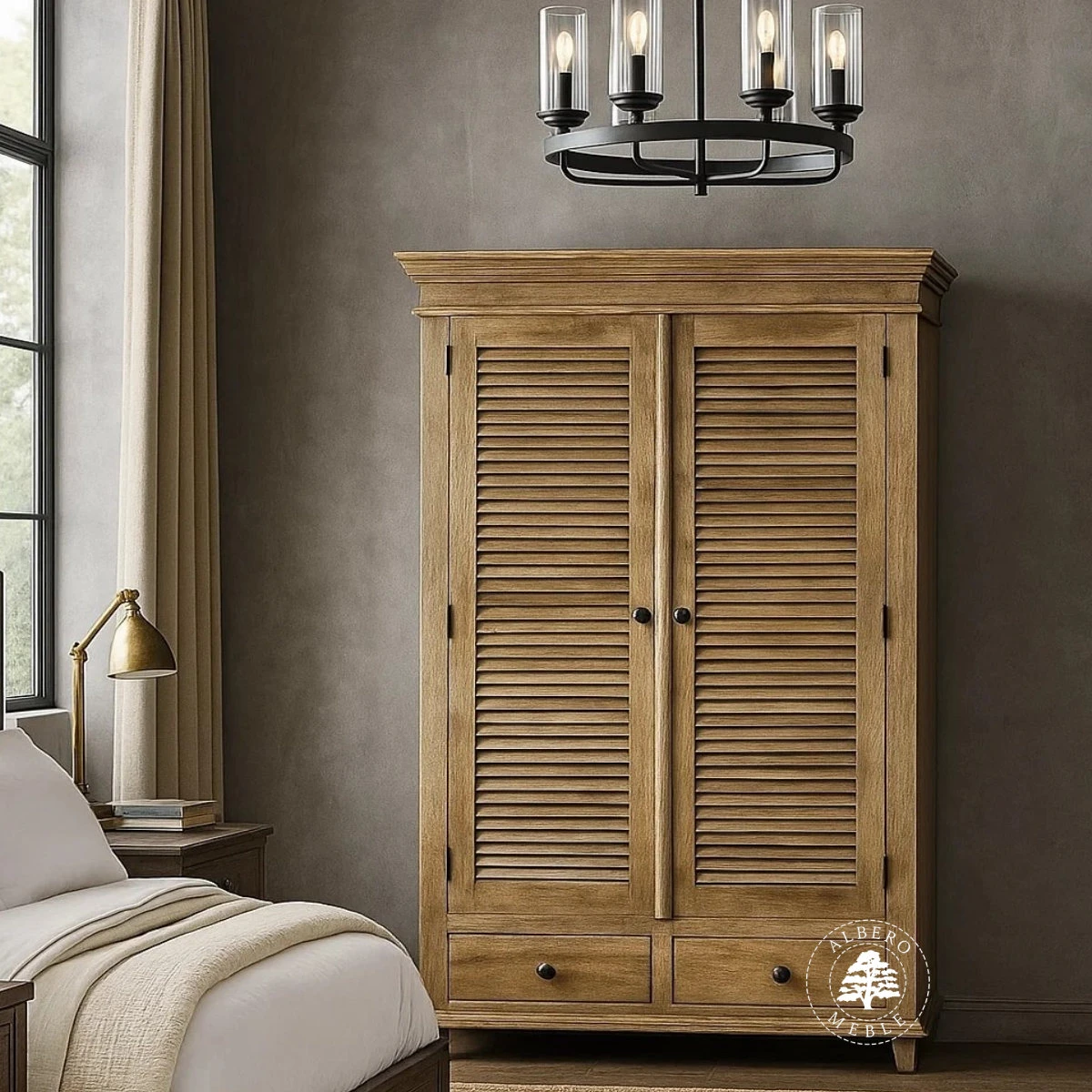 Szafa Drewniana Oslo z Jasnego Drewna z Żaluzjowymi Drzwiam