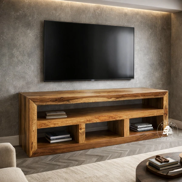 Drewniany długi i niski regał pod telewizor