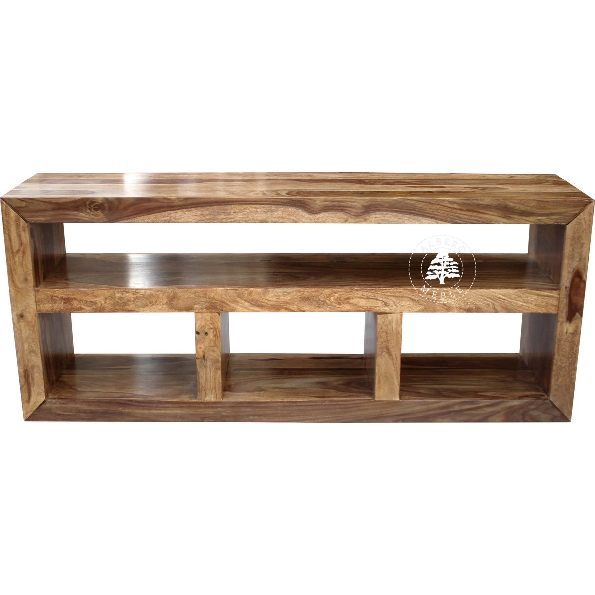 Drewniany długi i niski regał pod telewizor