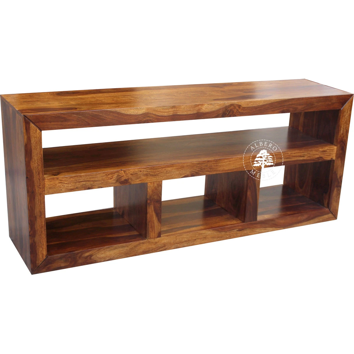 Drewniany długi i niski regał pod telewizor