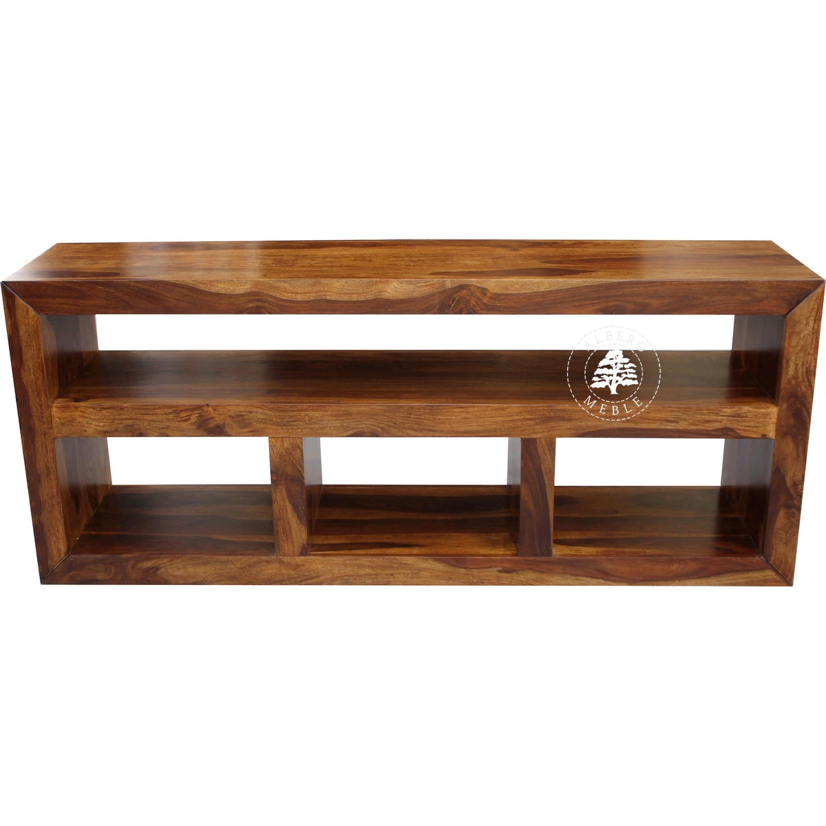 Drewniany długi i niski regał pod telewizor