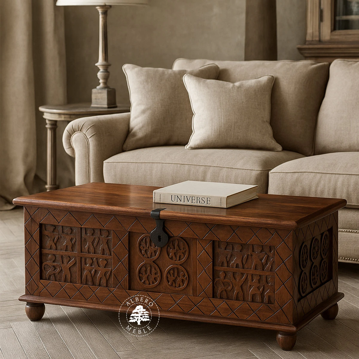 Skrzynia indyjska ręcznie rzeźbiona z palisandru i mango