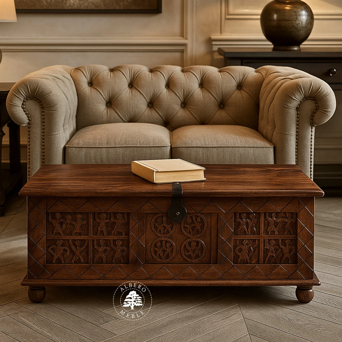 Skrzynia indyjska ręcznie rzeźbiona z palisandru i mango