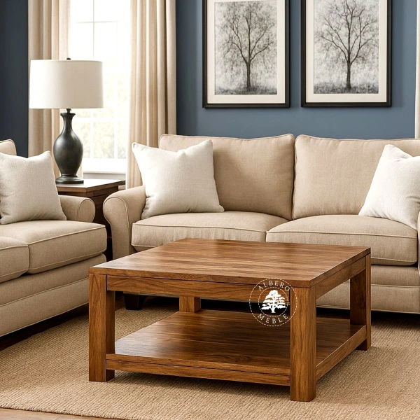 Kwadratowy stolik kawowy Goa z drewna do salonu