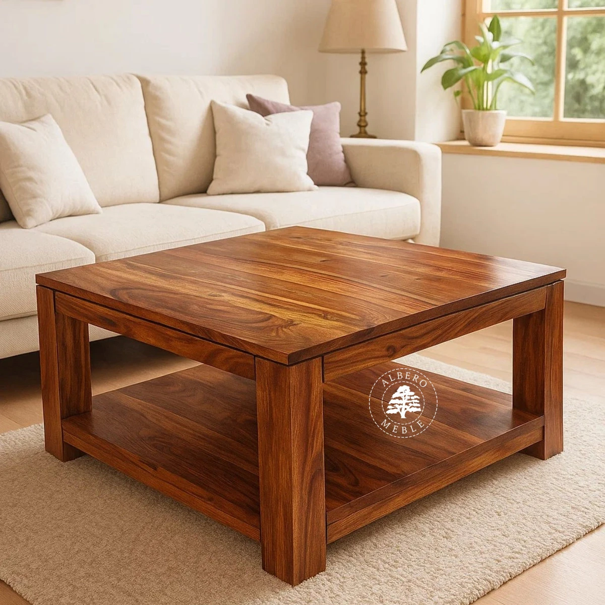 Kwadratowy stolik kawowy Goa z drewna do salonu