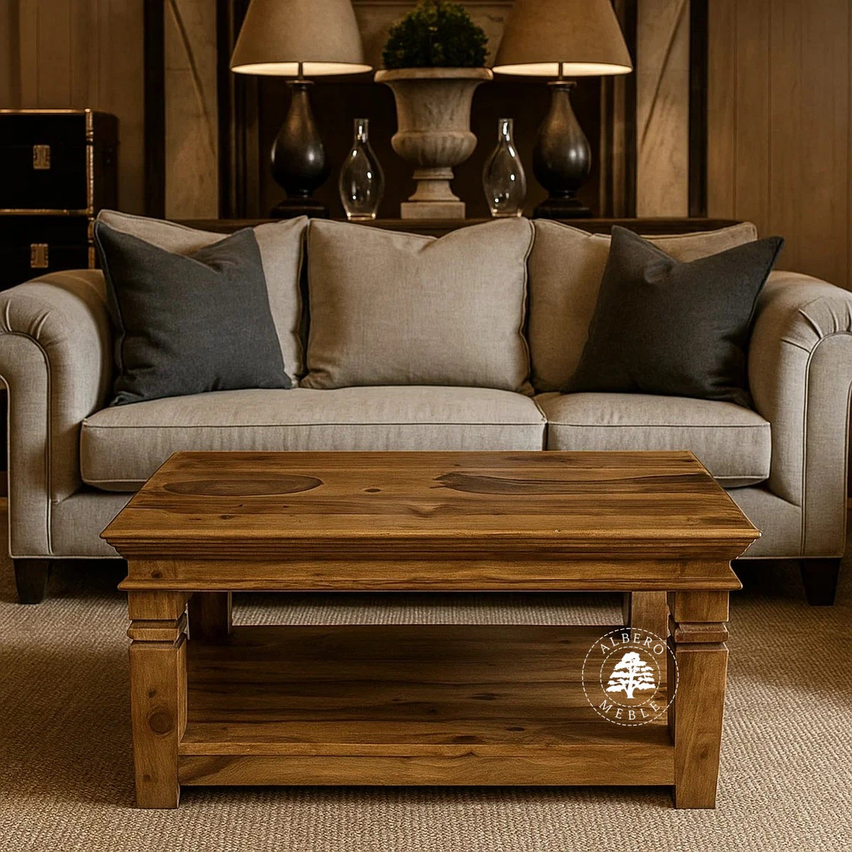 Drewniana ława kawowa na stylowych nogach