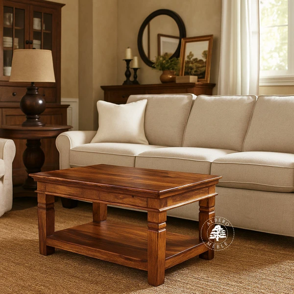 Drewniana ława kawowa na stylowych nogach