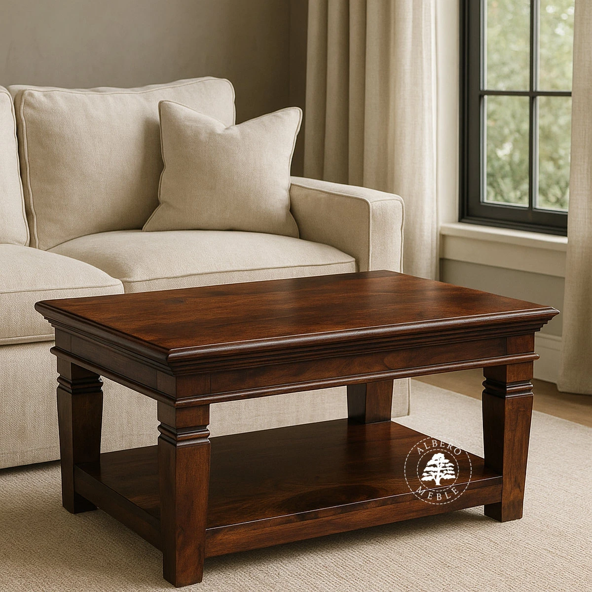 Drewniana ława kawowa na stylowych nogach