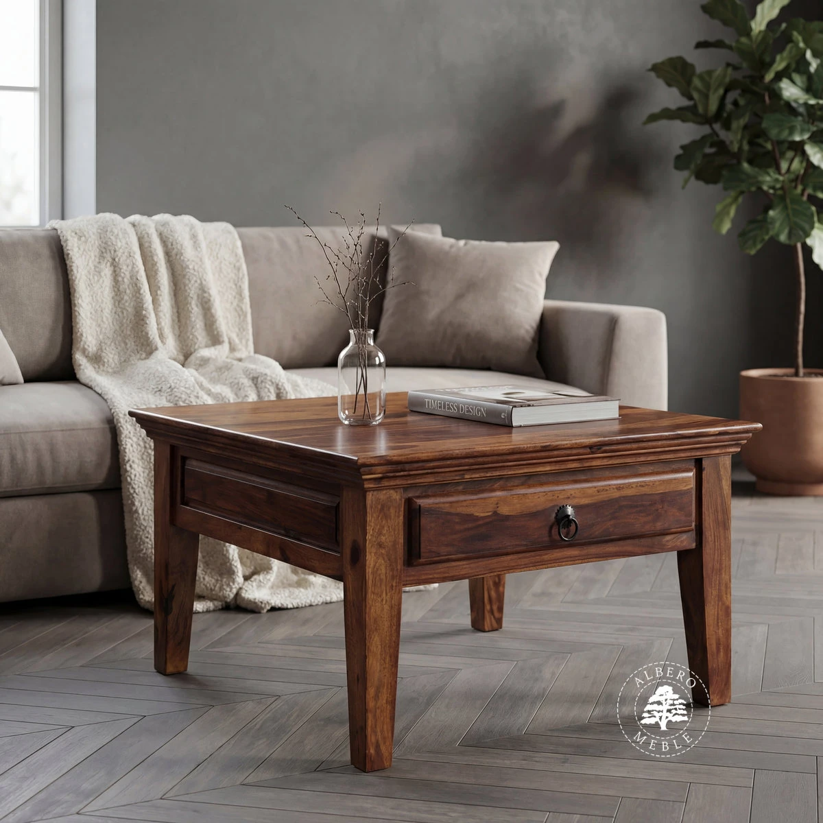 Kolonialna ława kawowa z szufladką z drzewa różanego pal