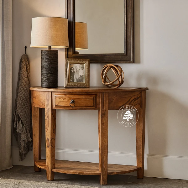 Stylowa półokrągła konsola wykonana z drewna litego pali