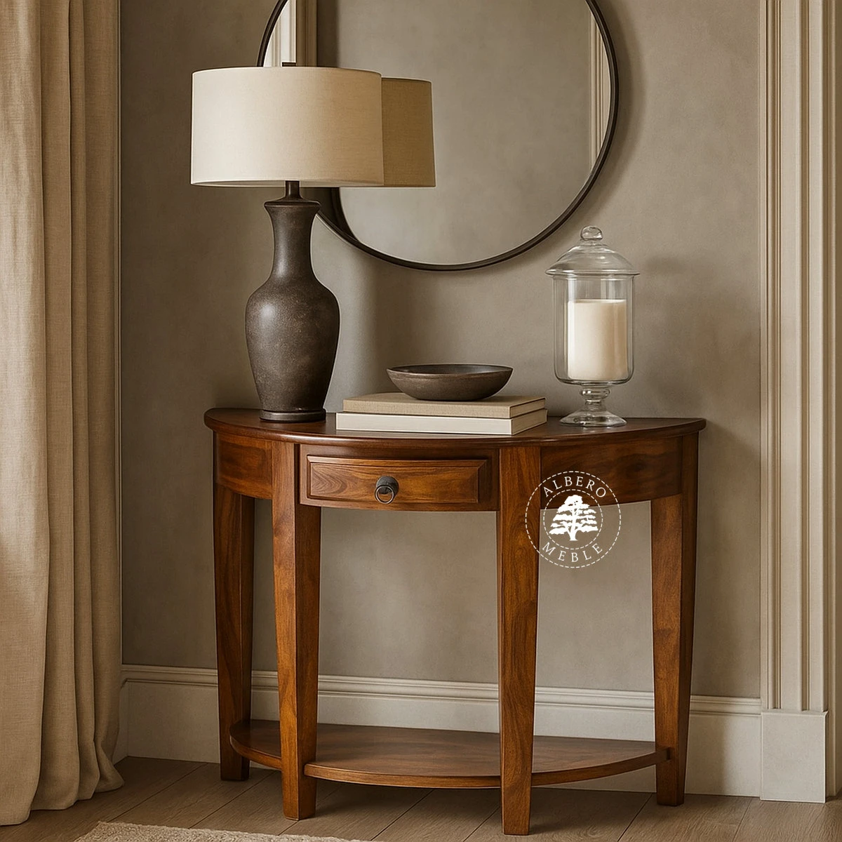 Stylowa półokrągła konsola wykonana z drewna litego pali