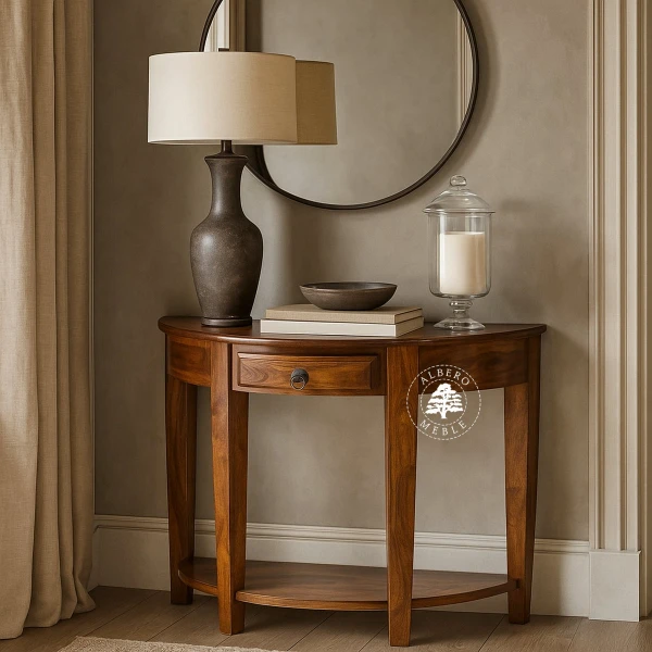 Stylowa półokrągła konsola wykonana z drewna litego pali