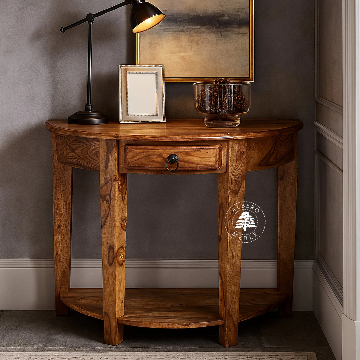 Stylowa półokrągła konsola wykonana z drewna litego pali