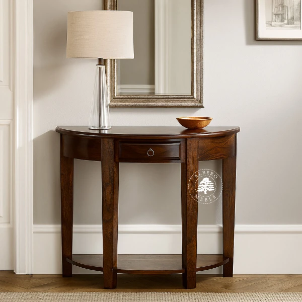 Stylowa półokrągła konsola wykonana z drewna litego pali