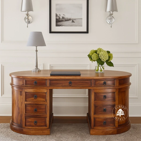 Duże owalne biurko gabinetowe z litego drewna palisander