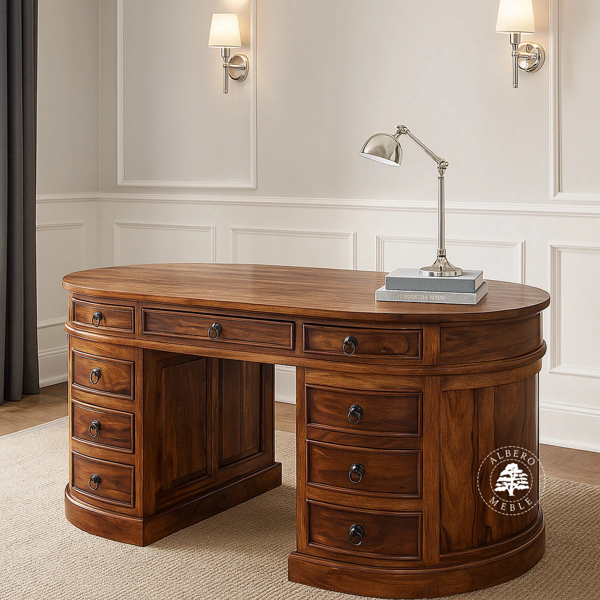 Duże owalne biurko gabinetowe z litego drewna palisander