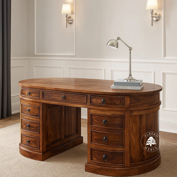 Duże owalne biurko gabinetowe z litego drewna palisander