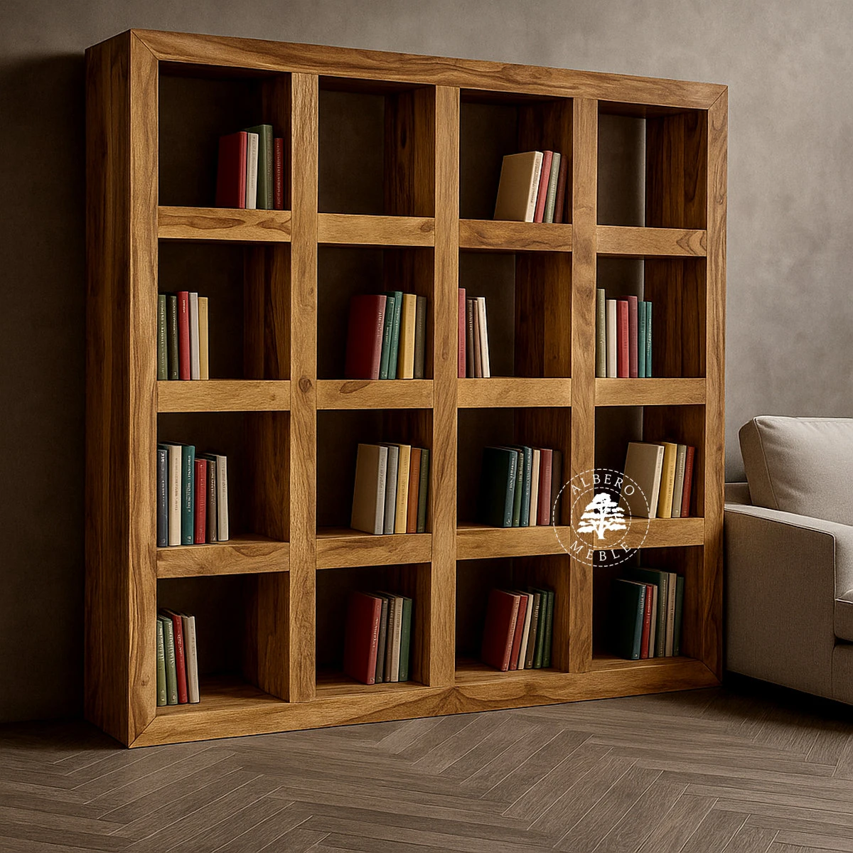 Szeroki regał otwarty wolnostojący z drewna na wymiar