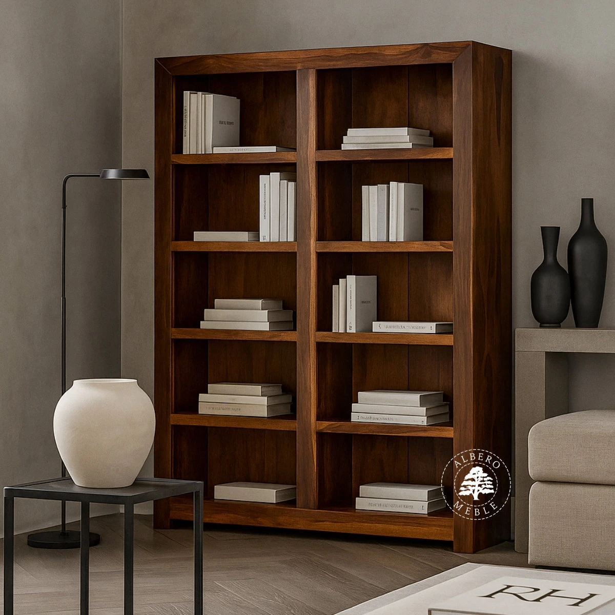 Drewniany Regał Nowoczesny z Praktycznymi, Dzielonymi Pół