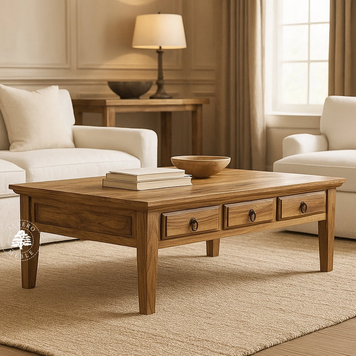 Klasyczna duża drewniana ława kawowa z szufladami