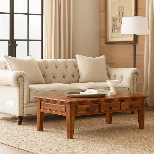 Klasyczna duża drewniana ława kawowa z szufladami