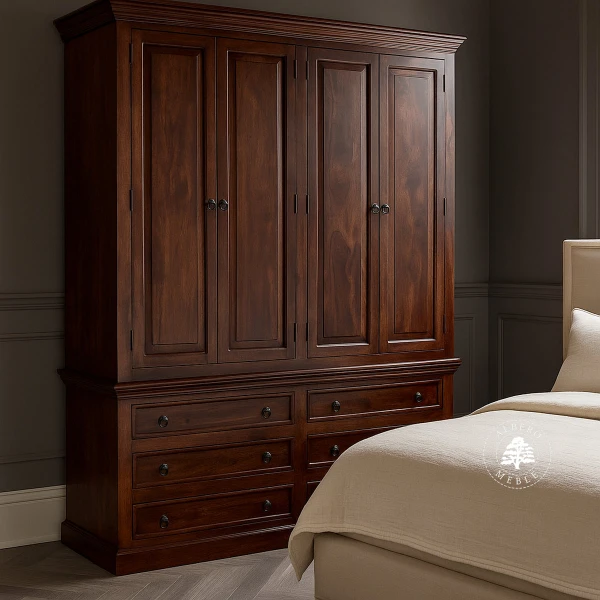 Czterodrzwiowa klasyczna szafa z ciemnego drewna palisandru