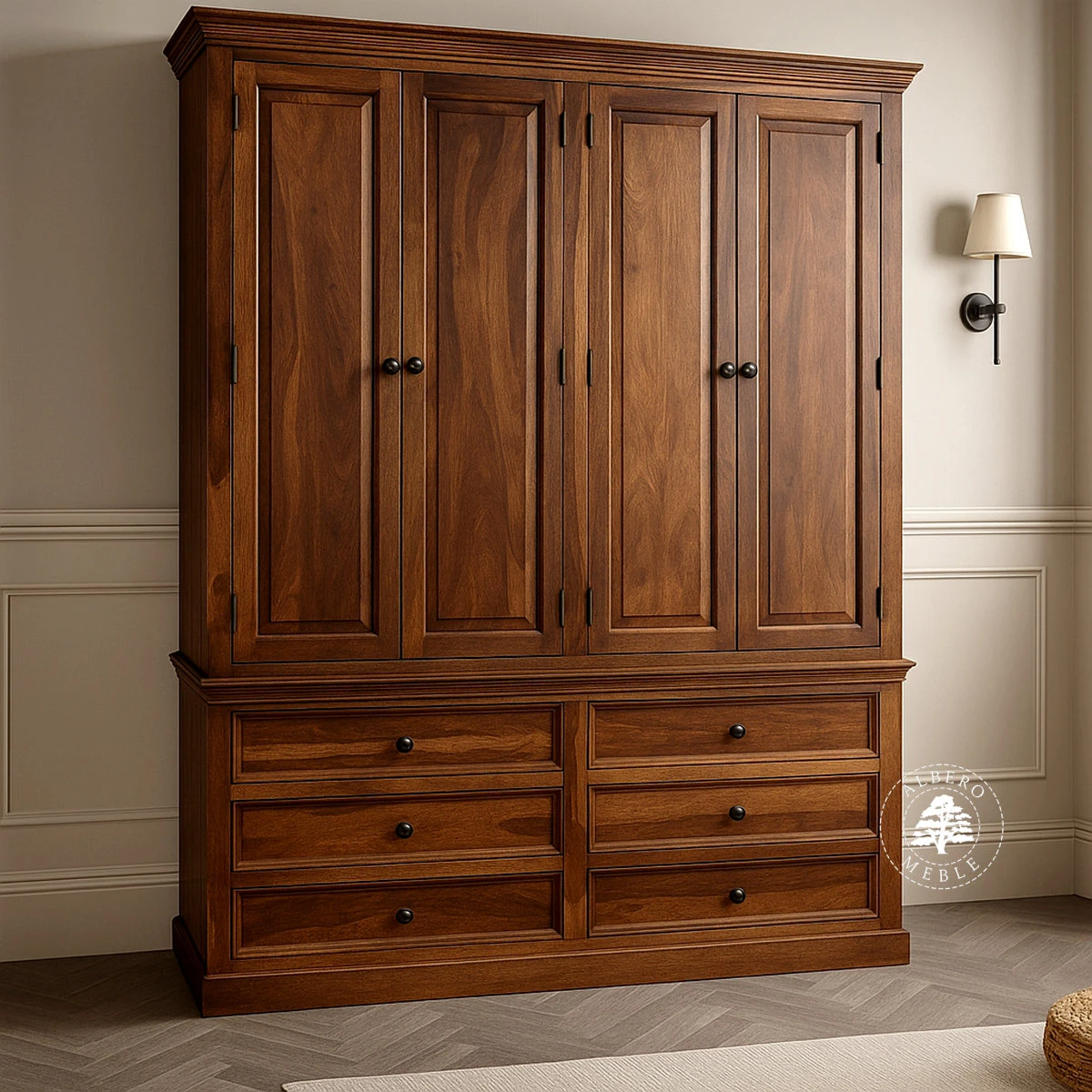 Czterodrzwiowa klasyczna szafa z ciemnego drewna palisandru