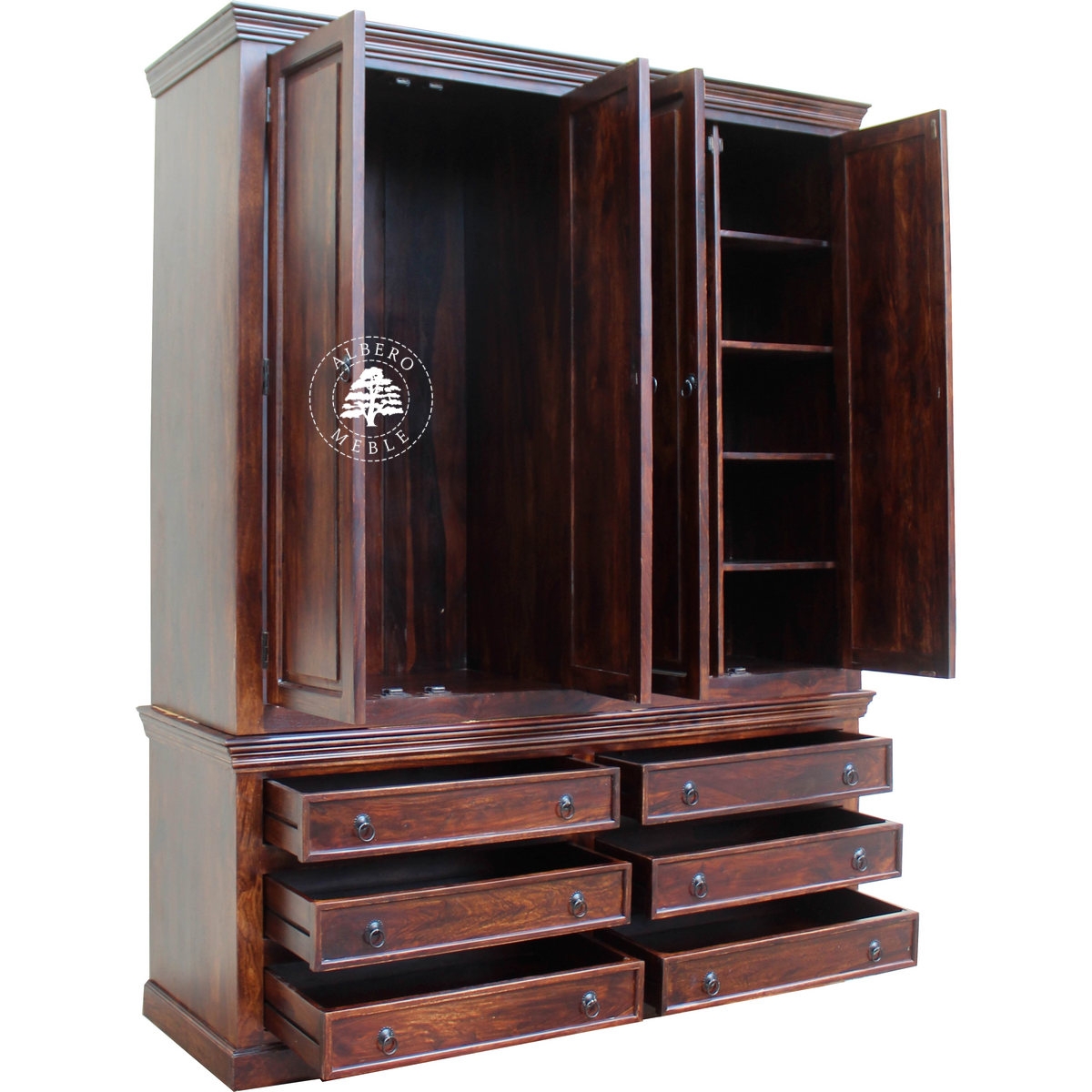 Czterodrzwiowa klasyczna szafa z ciemnego drewna palisandru