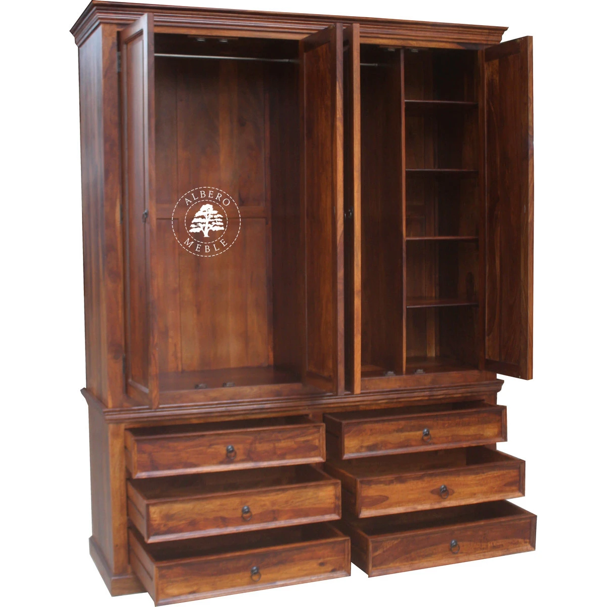 Czterodrzwiowa klasyczna szafa z ciemnego drewna palisandru