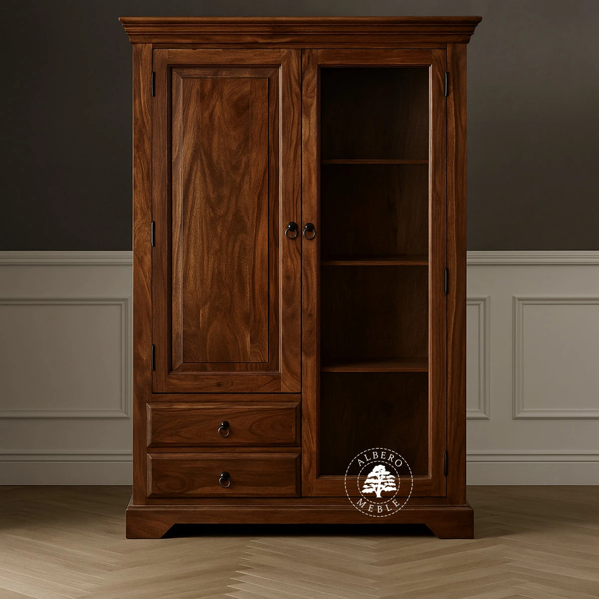 Klasyczny szeroki kredens drewniany do salonu