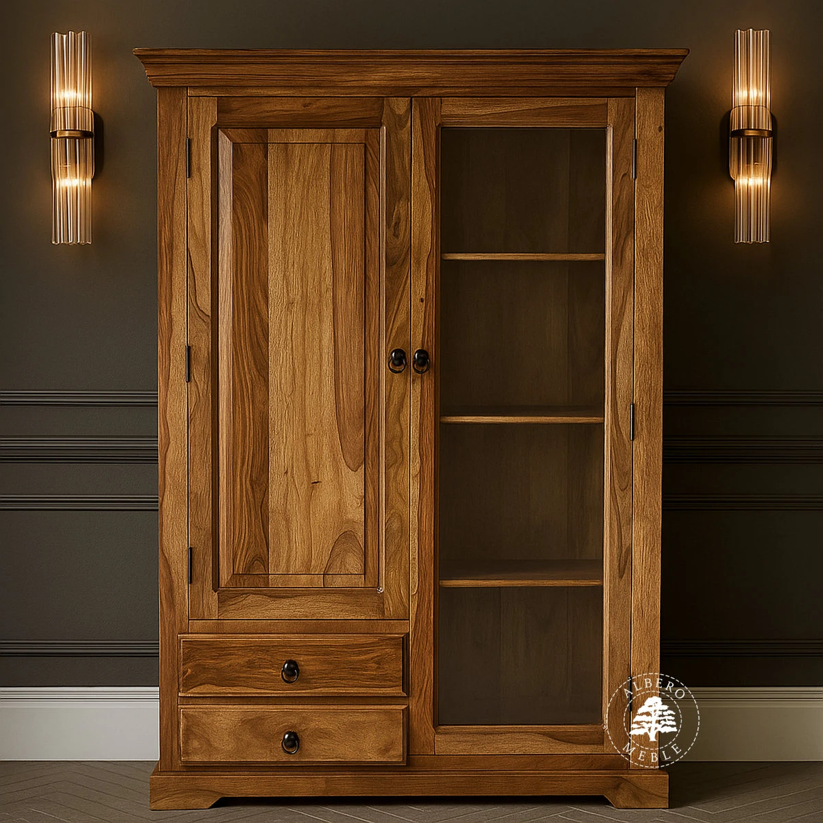 Klasyczny szeroki kredens drewniany do salonu