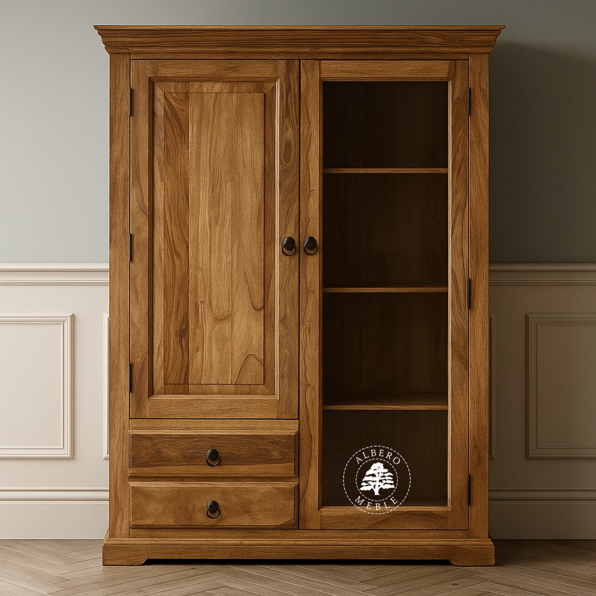 Klasyczny szeroki kredens drewniany do salonu