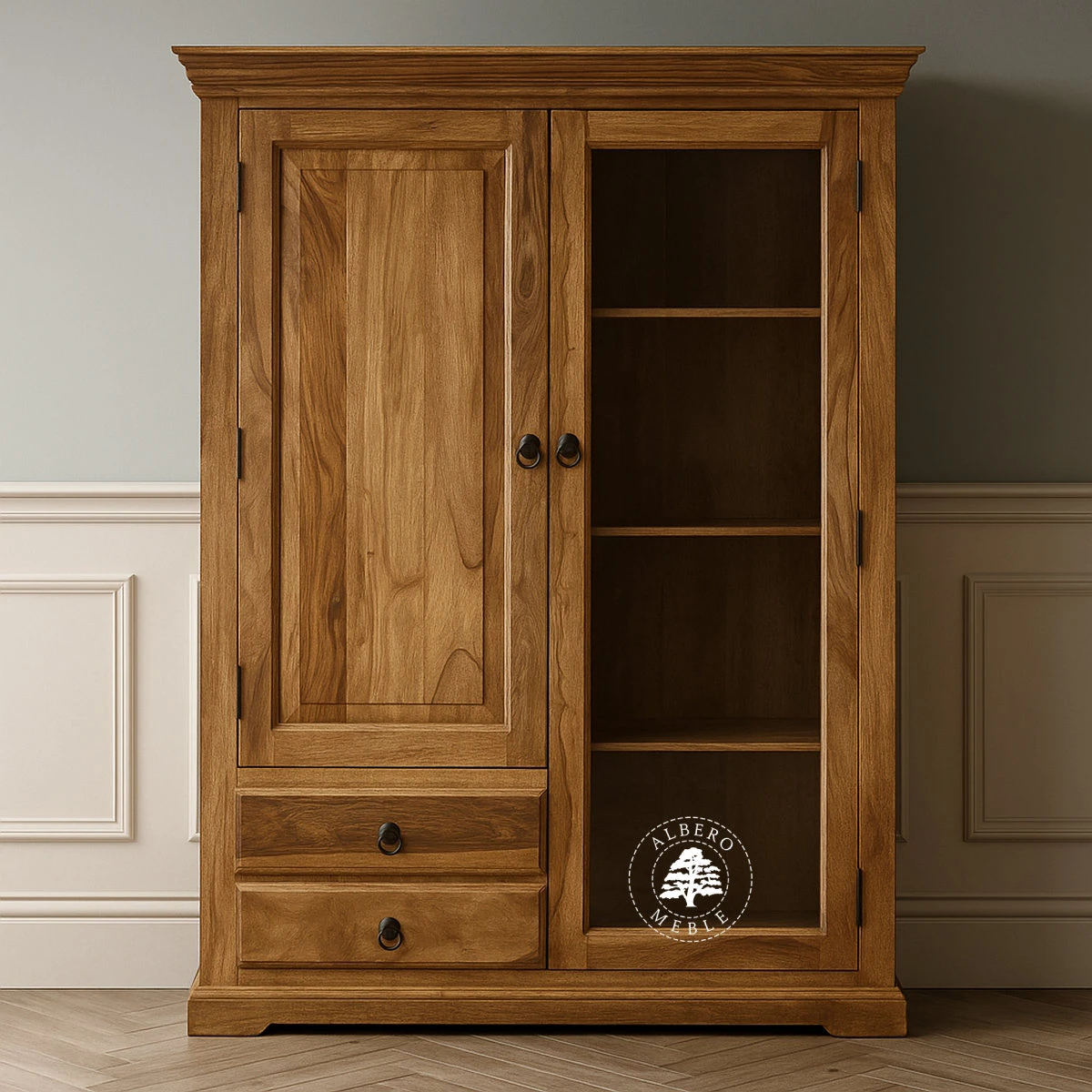 Klasyczny szeroki kredens drewniany do salonu