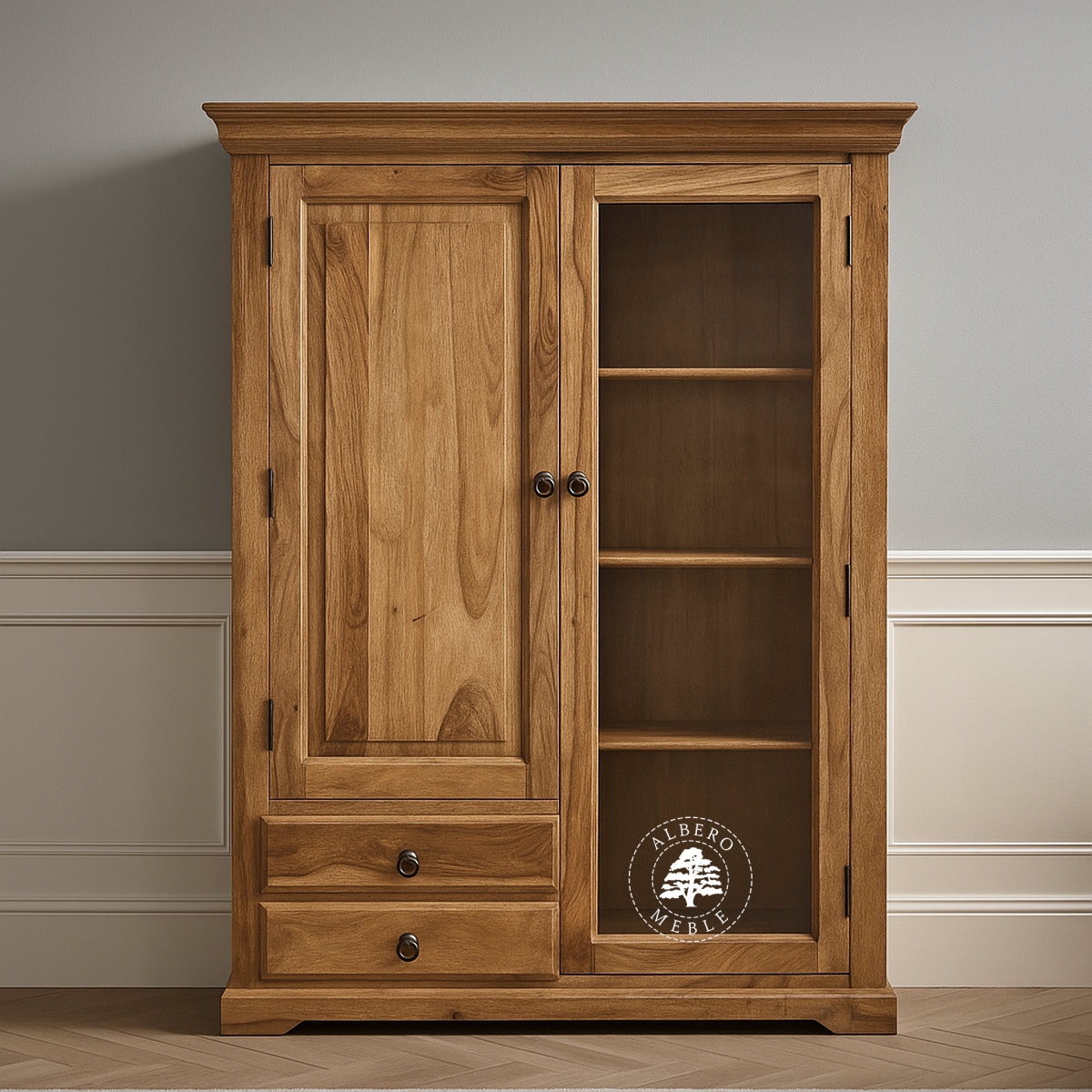 Klasyczny szeroki kredens drewniany do salonu