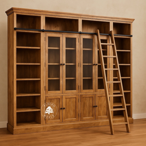 Duża przeszklona biblioteka drewniana z drabinką